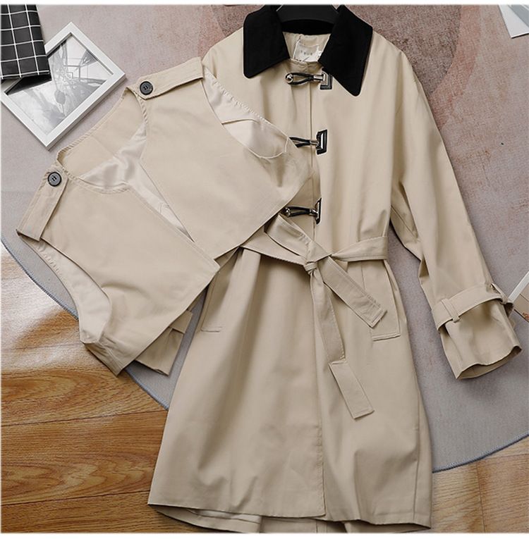 Damescontrastkleurige trenchcoat met enkele rij knopen en vest met herfstrevers_voghion.com