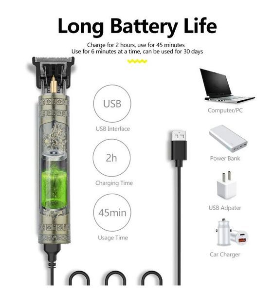 Tondeuse à cheveux professionnelle vintage T9 pour hommes, sans fil, USB, pour barbier Drago_voghion.com