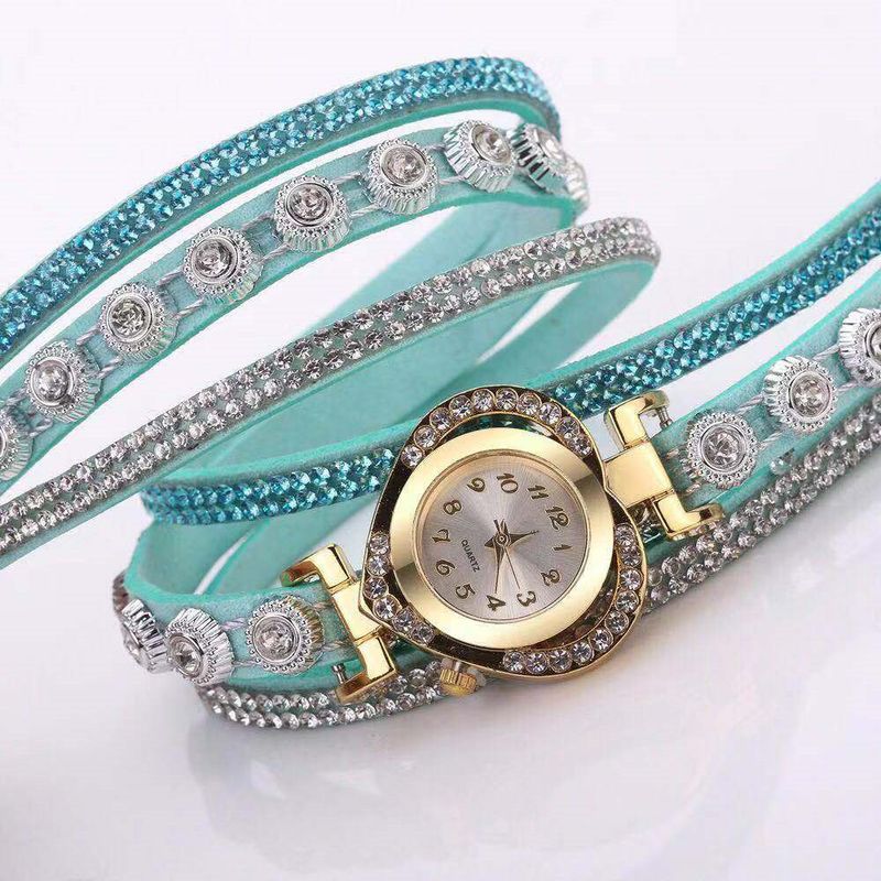 Uhren Elegante Damen-Modeuhr mit herzförmigem Zifferblatt, Strasssteinen und mehrfarbigem PU-Armband – Stilvolle Quarzarmbanduhr für die Freizeit_voghion.com