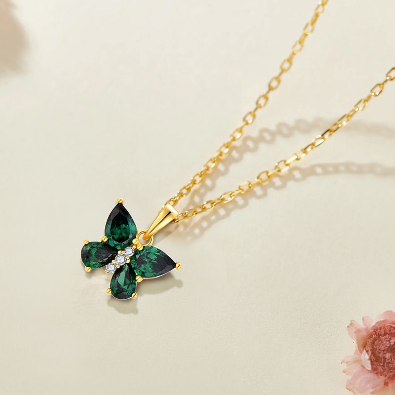 New Emerald Zircon Butterfly Pendant Necklace S Sterling Sier Jewelry Female Light Niche Design_voghion.com