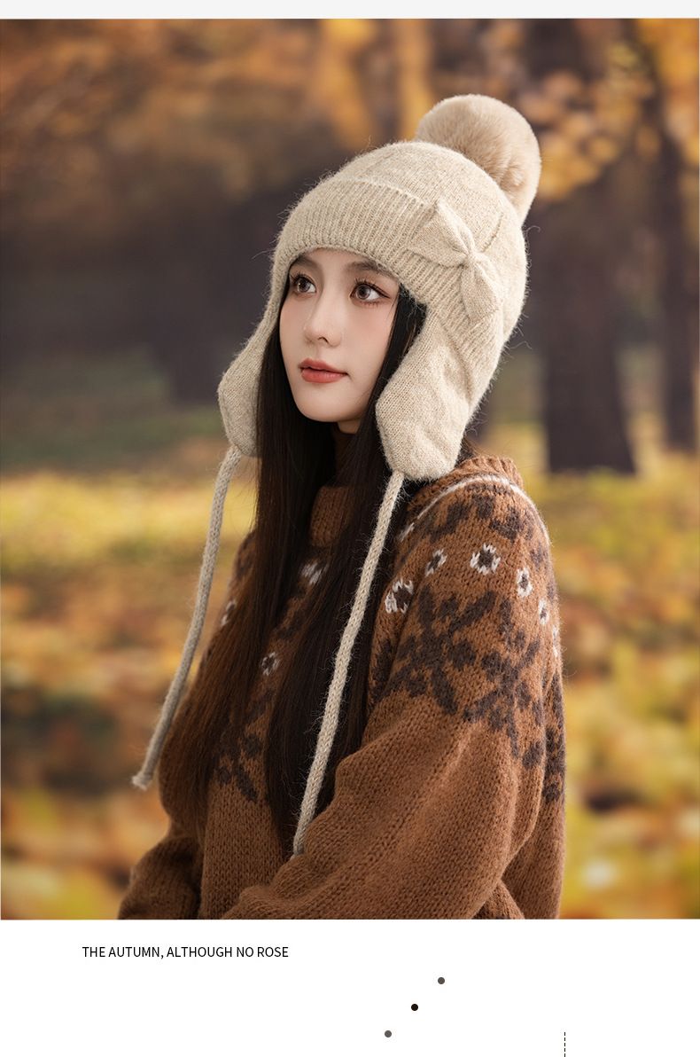 Korean Style For Women, Autumn And Winter Cute Pom-Pom Knitted Thickened Ear Protection Warm Lei Feng Hat Fashionable_voghion.com