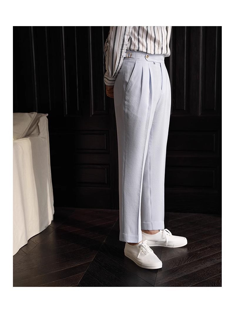 Herren Sommer Seersucker Paris Button Naples Blau Gestreift Hohe Taille Gerades Bein Britische Freizeithose_voghion.com