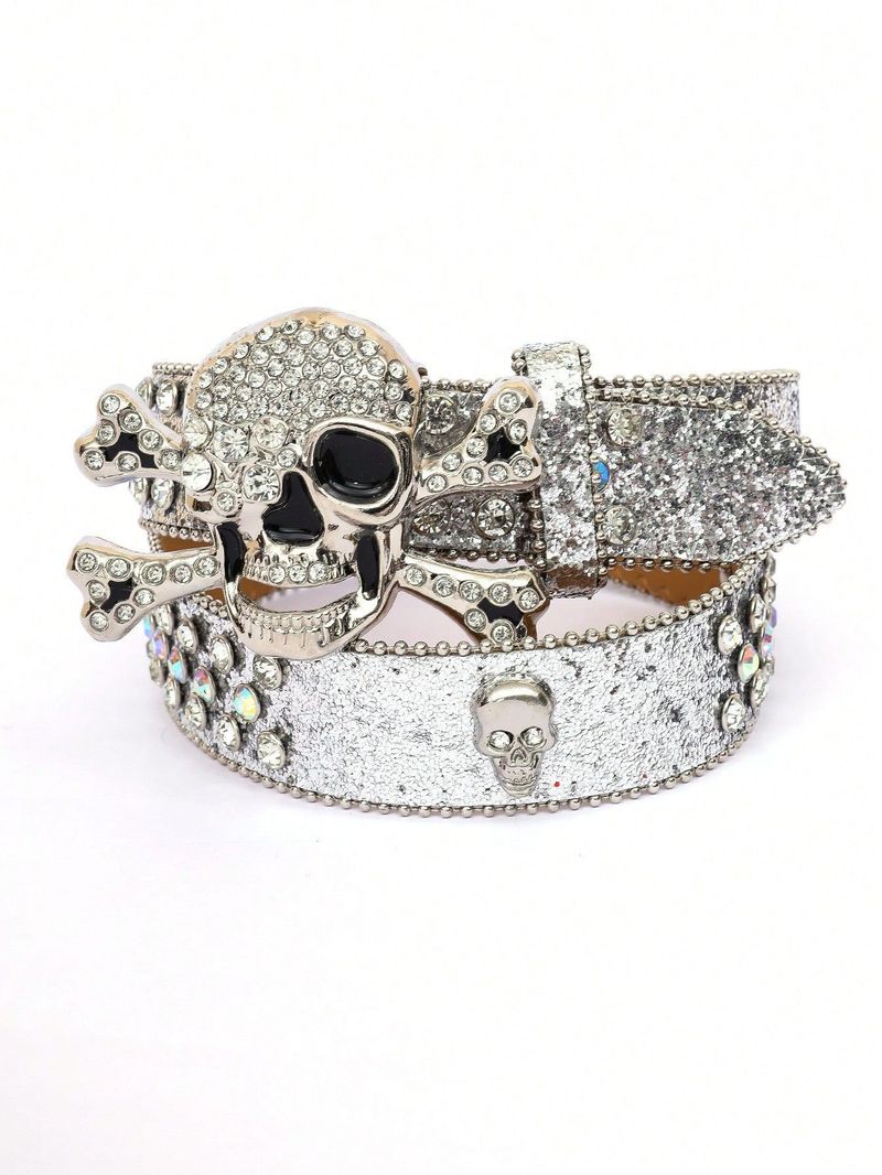 Cinturón de alta gama para mujer con estampado de calavera y incrustaciones de diamantes de imitación, moderno y con personalidad._voghion.com