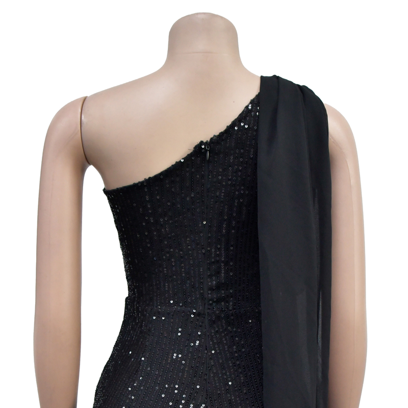 Damesmode dames effen kleur mouwloze one-shoulder lovertjes broek jumpsuit Nieuwjaar avondjurk_voghion.com
