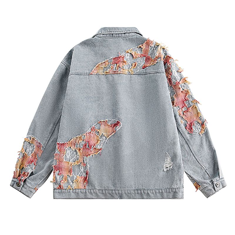 Herrenbekleidung Sunset Lace Patchwork Zerrissene Jeansjacke Nischen-Lockere Jacke_voghion.com