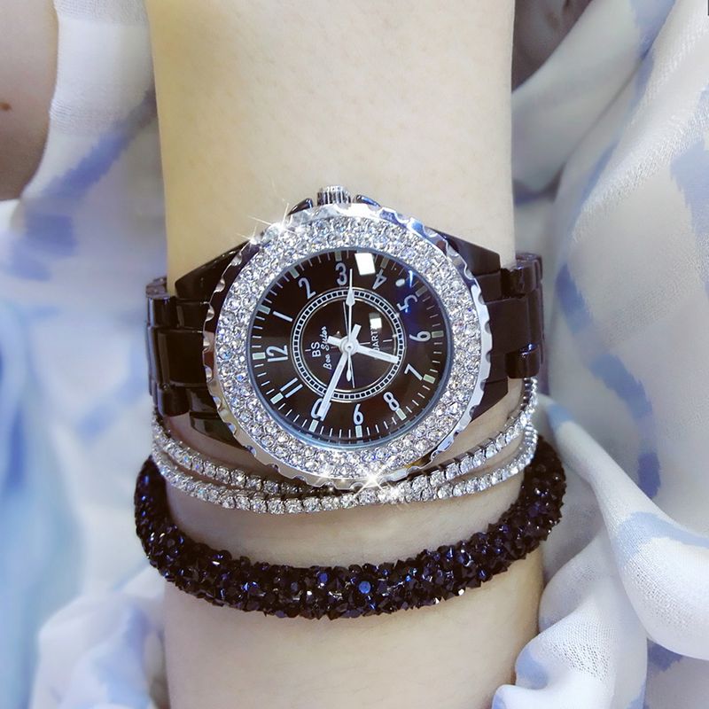 Yamaler elegante diamantes de imitación cerámica banda mujeres redondo analógico cuarzo reloj de pulsera regalo_voghion.com