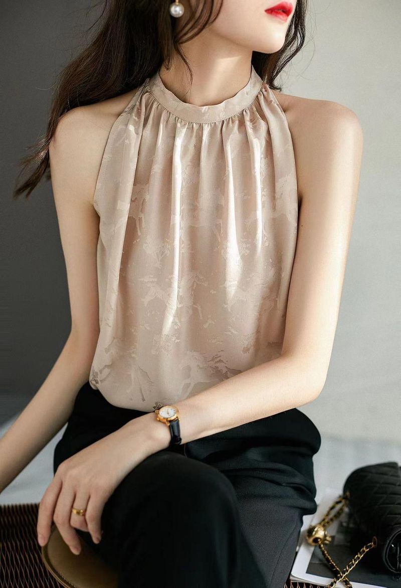 Jacquard standing collar hanging neck suspender vest for women's sleeveless 2024 new summer French right angle shoulder_voghion.com