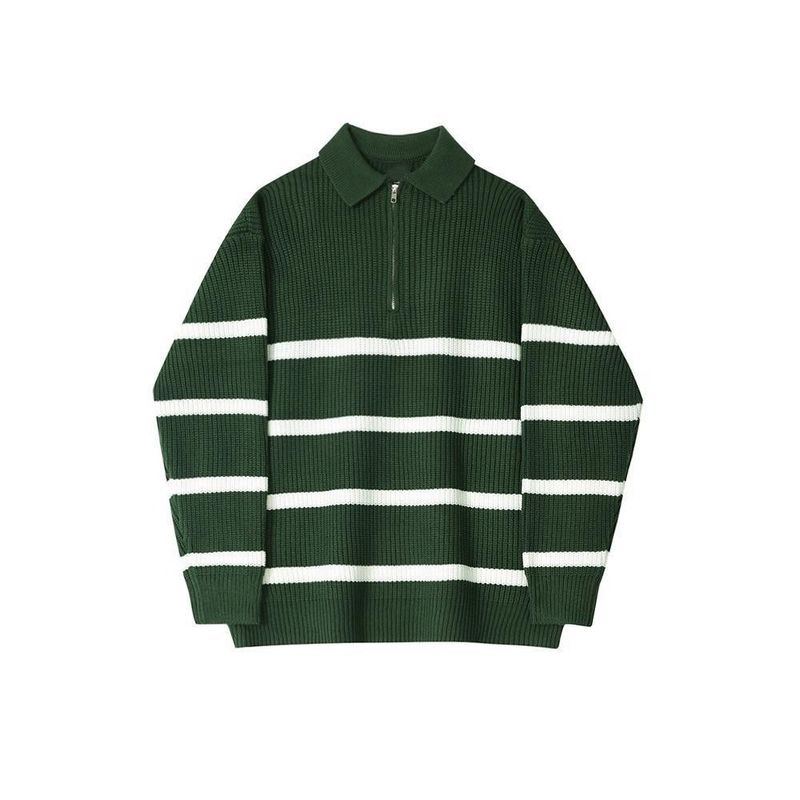 Men's Half-Zip Stripe Sweater - Thick Fleece Lined Knit, Oversized Collar, Relaxed Fit, Polyester Blend (Green/Black)_voghion.com