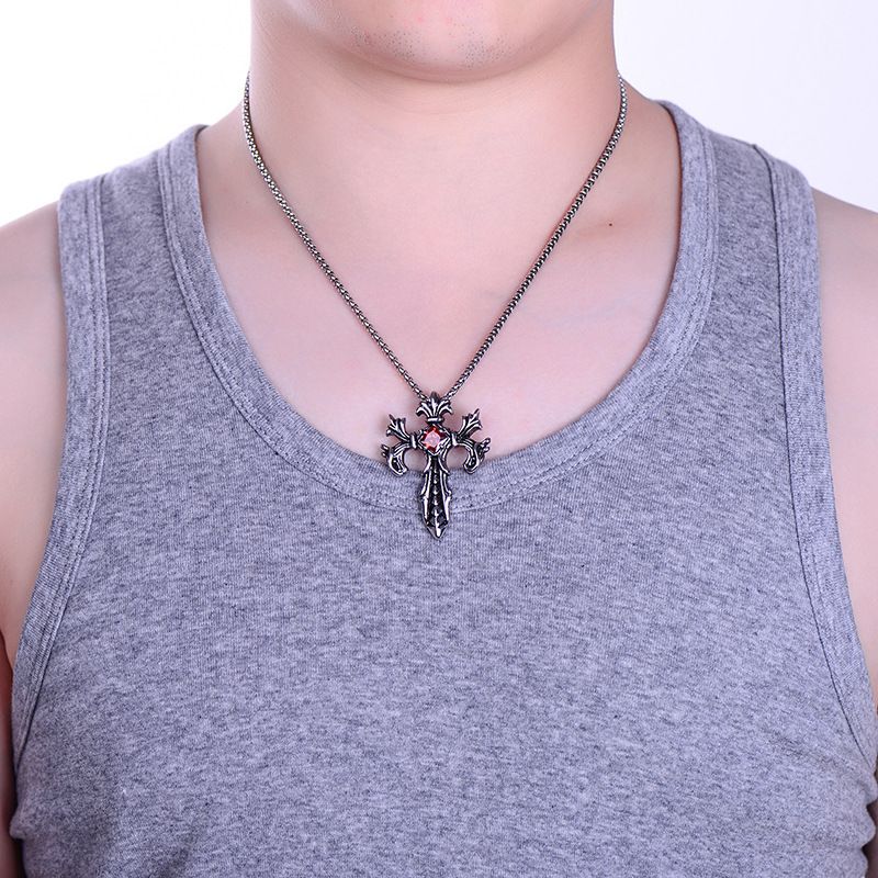 Personality Jewelry Titanstahl mit rotem Anhänger, Doppeldrachenkreuz-Halskette für Herren_voghion.com