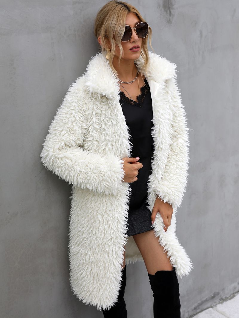 Damenbekleidung Herbst und Winter Kunstpelz Plüsch Revers Warmer langer Mantel_voghion.com