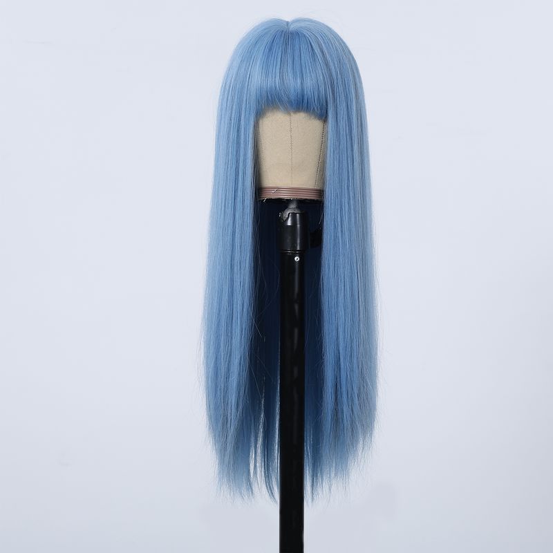 Parrucca sintetica lunga e dritta, azzurra con riflessi cenere, parrucca cosplay con frangia per donna, capelli naturali, fibra resistente al calore_voghion.com