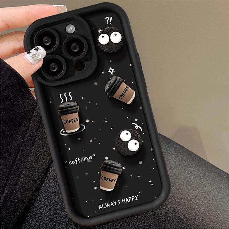 Niedliche Cartoon 3D Kaffee Flüssigsilikon Weiche Hülle für iPhone 15 14 Max 13 12 Pro 11 X XR Objektiv Schutzhülle_voghion.com