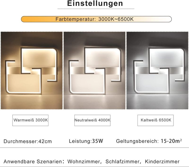 Glitzerlife Deckenlampe LED Deckenleuchte Weiß -35W Wohnzimmerlampe Modern Dimmbar Mit Fernbedienung Schlafzimmerlampe Aus Metall Quadratisch Lampe Für Küche Flur_voghion.com