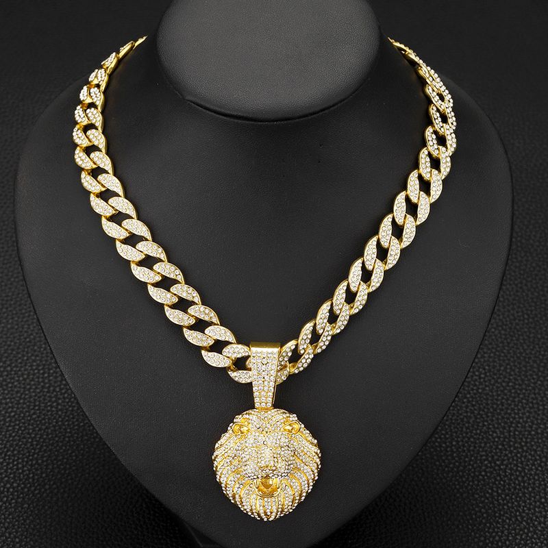 Cool Full Dia Personality Three Dimensional Lion Head Pendant Cuban Necklace Street Hip Hop Style_voghion.com