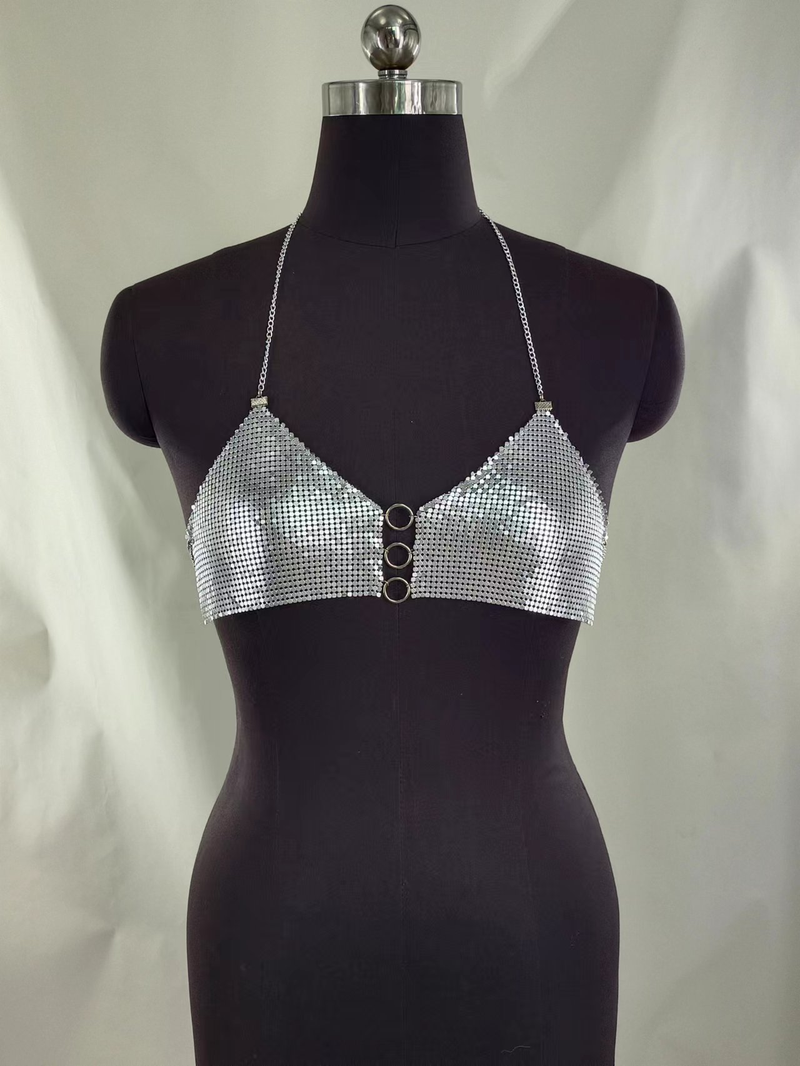 FB3400 Gilet europeo e americano, lenzuolo piatto, tessuto con paillettes, piccolo anello collegato appeso al collo, scollo a V, top avvolgente, piccolo gilet_voghion.com