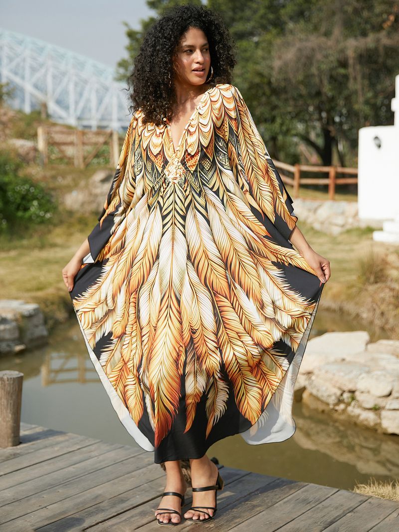 Beach Cover-Up Dress – Flowy Long Bikini Robe With Exotic Prints (Peacock/Abstract/Feather, One Size)_voghion.com
