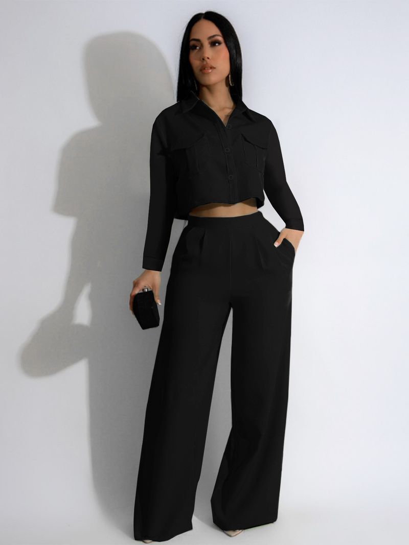 Damenbekleidung Herbstmode Revers Langarm Hohe Taille Weite Beinhose Pendeln Eleganter Anzug_voghion.com