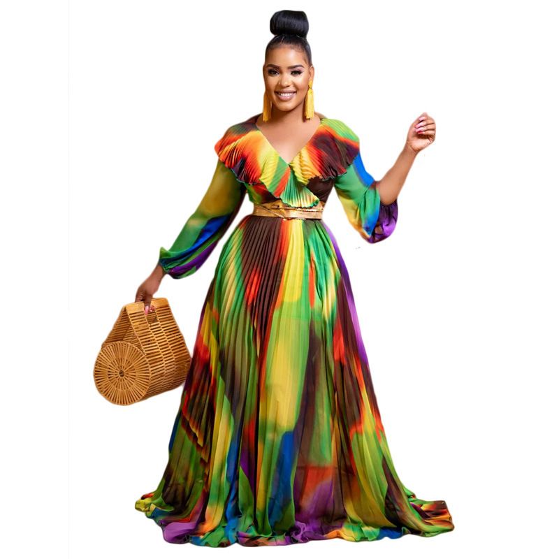 Damenbekleidung Sexy V-Ausschnitt Bubble Langarm Bedrucktes Taillentemperamentkleid_voghion.com