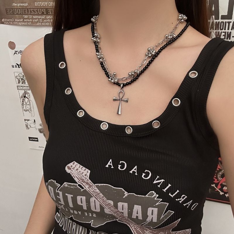 Collier à pampilles en perles croisées de style gothique punk pour femme, chaîne de clavicule lourde et sombre_voghion.com