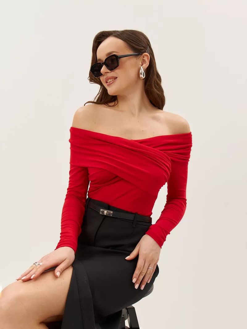 Top avvolgente con volant e spalle scoperte – Camicetta in cotone elasticizzato a maniche lunghe_voghion.com