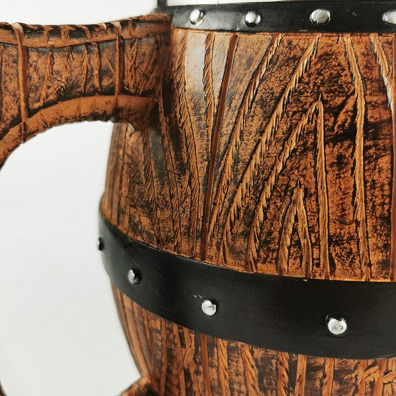 Viking-Inspired Wooden Barrel Beer Stein - Handcrafted Resin Tankard With Stainless Steel Liner, 500ml Capacity For Authentic Pub Experience_voghion.com
