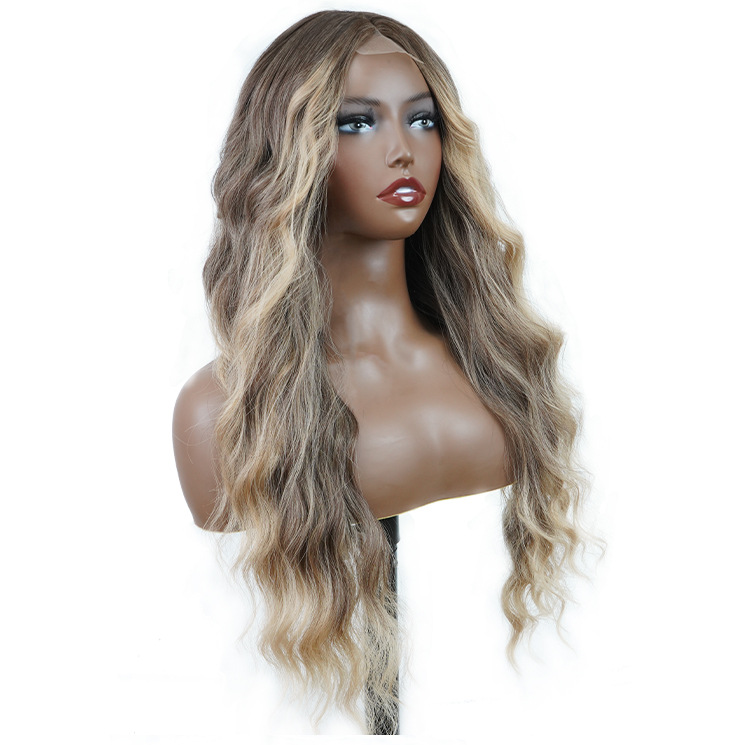 Groothandel Europese en Amerikaanse grensoverschrijdende pruik van chemische vezels, volledige hoofdbedekking, U-vormige voorkant, kant, lang krullend haar, gradiëntkleur, grote golfpruiken_voghion.com