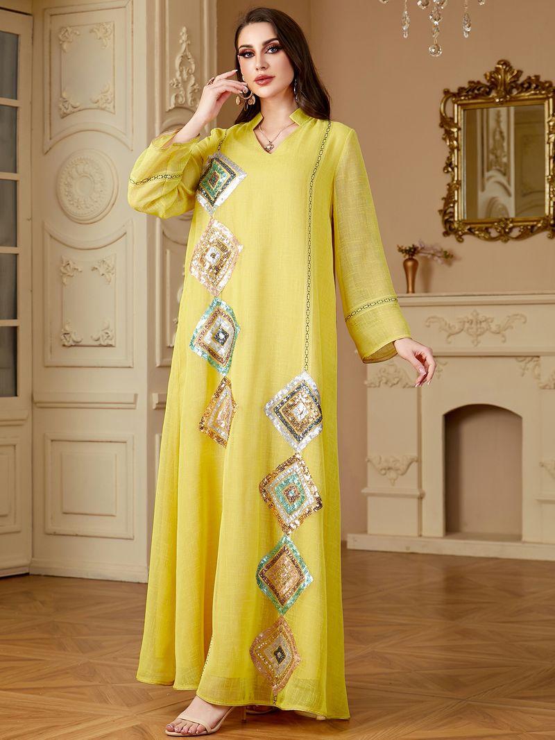 Women's Clothing Muslim Middle East Sleeved Abaya Sequined Long Skirt Saudi Arabia Dubai Dress_voghion.com