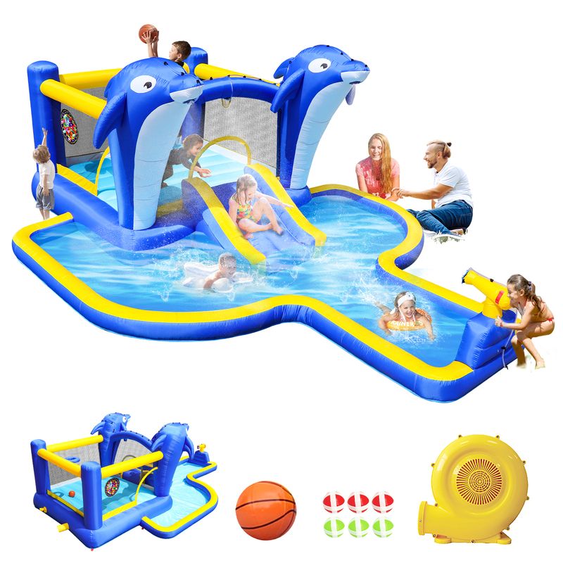 8 In1 Inflatable Slide Water Park Trampoline Bouncing House Outdoor Garden With Dolphin Sprinkler & Target Games & Water Gun & Basketball_voghion.com