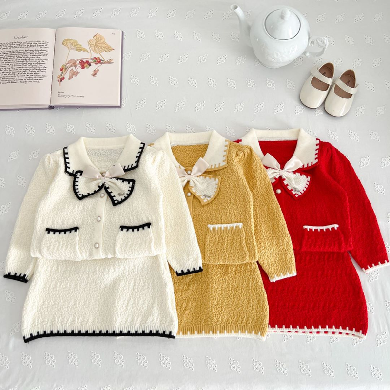 Ropa para niños Ropa para niños Otoño e invierno 2024 Nuevo estilo Niña dulce Lazo Abrigo Falda Cárdigan de punto para niños_voghion.com