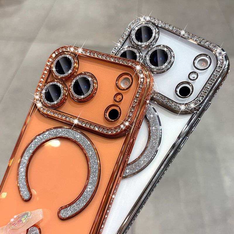 NEW Orange Luxury Sparkle Diamond Transparent Magnetic Case For IPhone 17 16 15 14 13 ProMax 17Air Full Lens Coverage Soft Cover_voghion.com