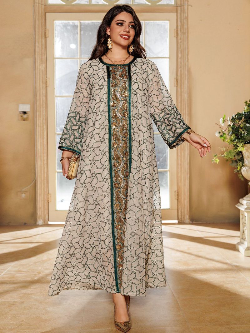 Women's Clothing Muslim Sequin Embroidery Fashion Mesh Embroidery Dress Jalabiya Robe Dubai Robe_voghion.com