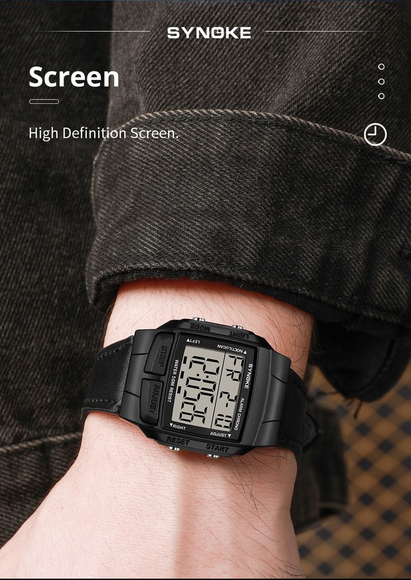 Men's Classic Retro Square Digital Sports Watch With Leather Strap, Waterproof, Multifunctional, Fashionable For Everyday Wear_voghion.com