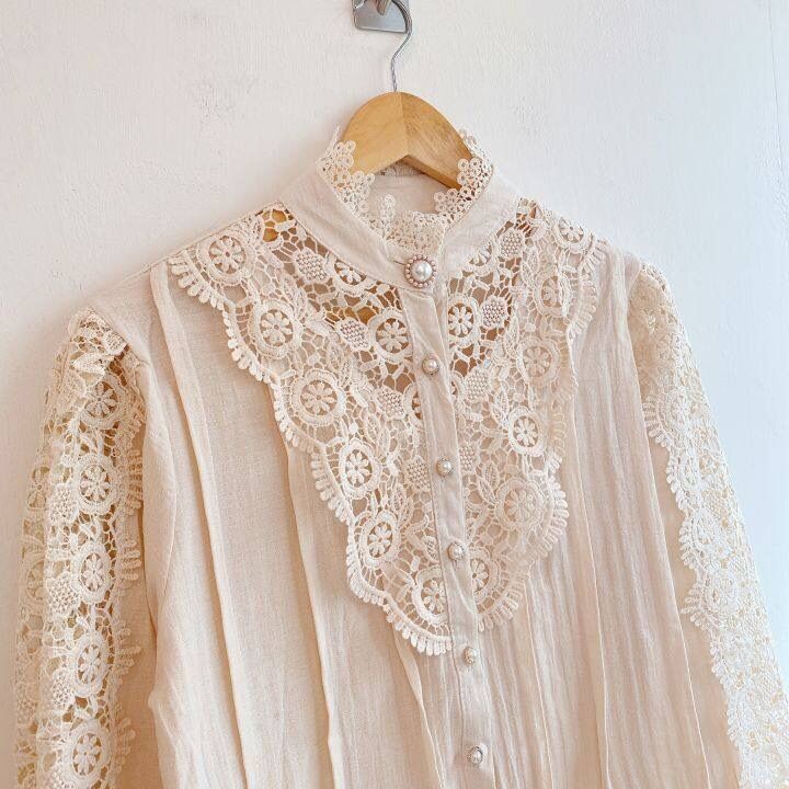 Women's Clothing Elegant Lace Panel Blouse Button-Up Open Front, Long Sleeve, Stand Collar, Boho Chic & Breathable (White/Black/Beige, S-3XL)_voghion.com