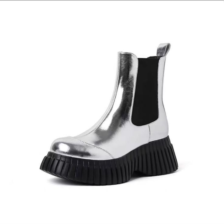 Silber für Damen, kurze Röhre, Neu, Herbst/Winter, dicke Sohle, echtes Leder, Martin-Passform, Zigarettenspitze, schmaler Reiter_voghion.com