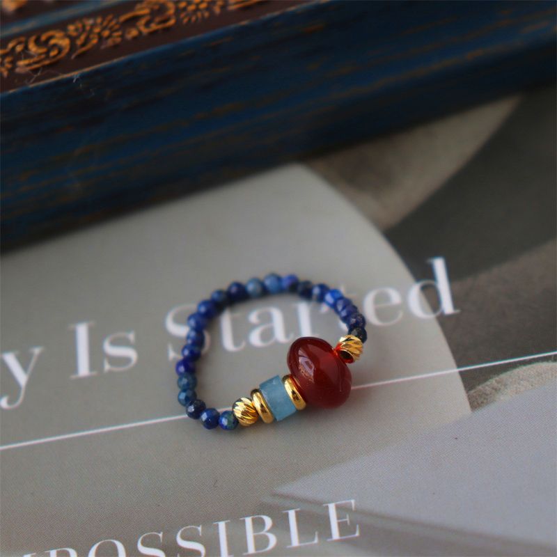 New Chinese Style Elastic Lapis Lazuli Ring Natural Star Pearl Agate Personality Trendy Women_voghion.com