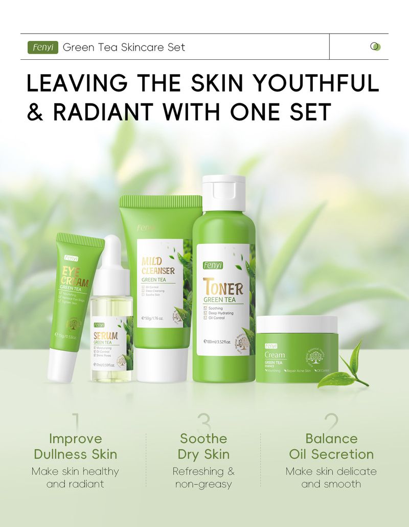 Peelings & Körperbehandlungen – Neues 5-teiliges Set mit grünem Tee: Waschlotion 50 g + Wasser 100 ml + Creme 25 g + Augencreme 15 g + Essenz 17 ml_voghion.com