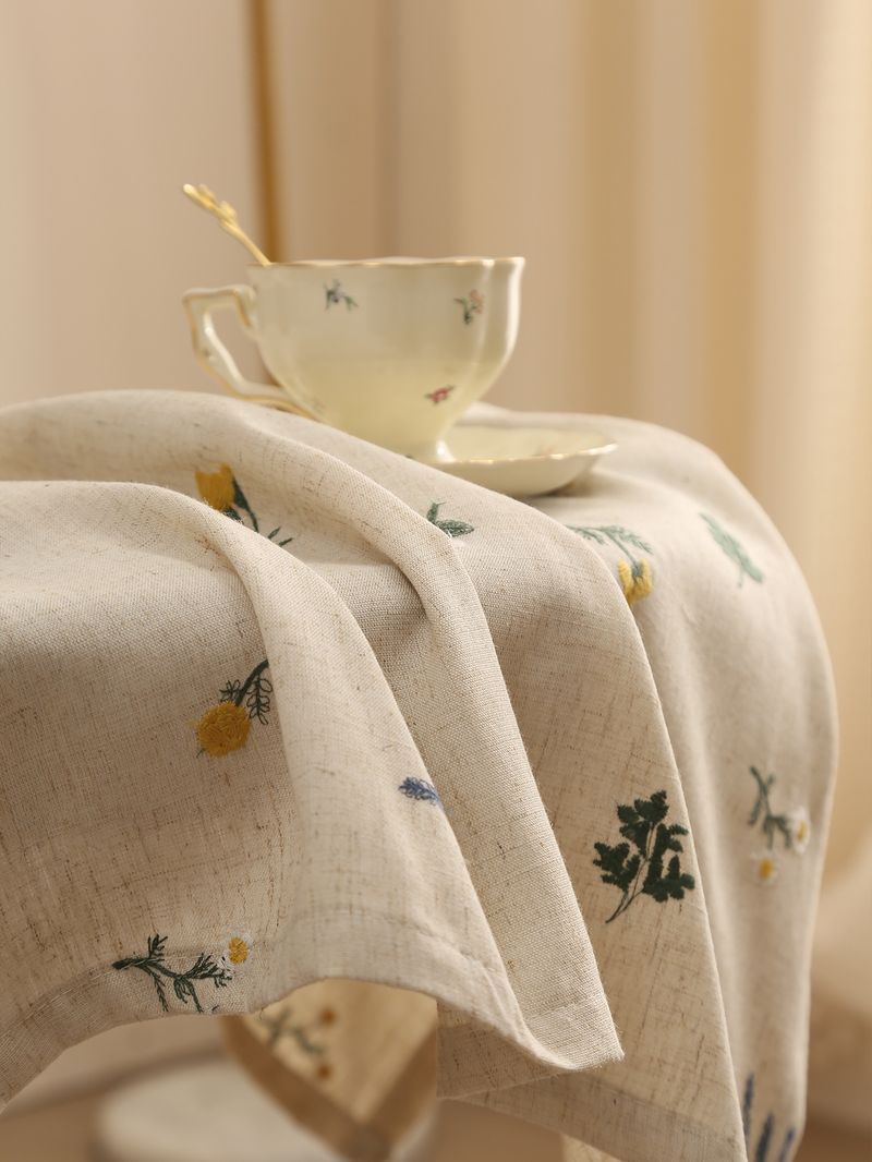Linen Tablecloth With Lavender Embroidery – 60x60cm & 90x90cm, Natural Fabric, Heat-Resistant, Stylish Home Decor For Dining Table Or Coffee Table_voghion.com