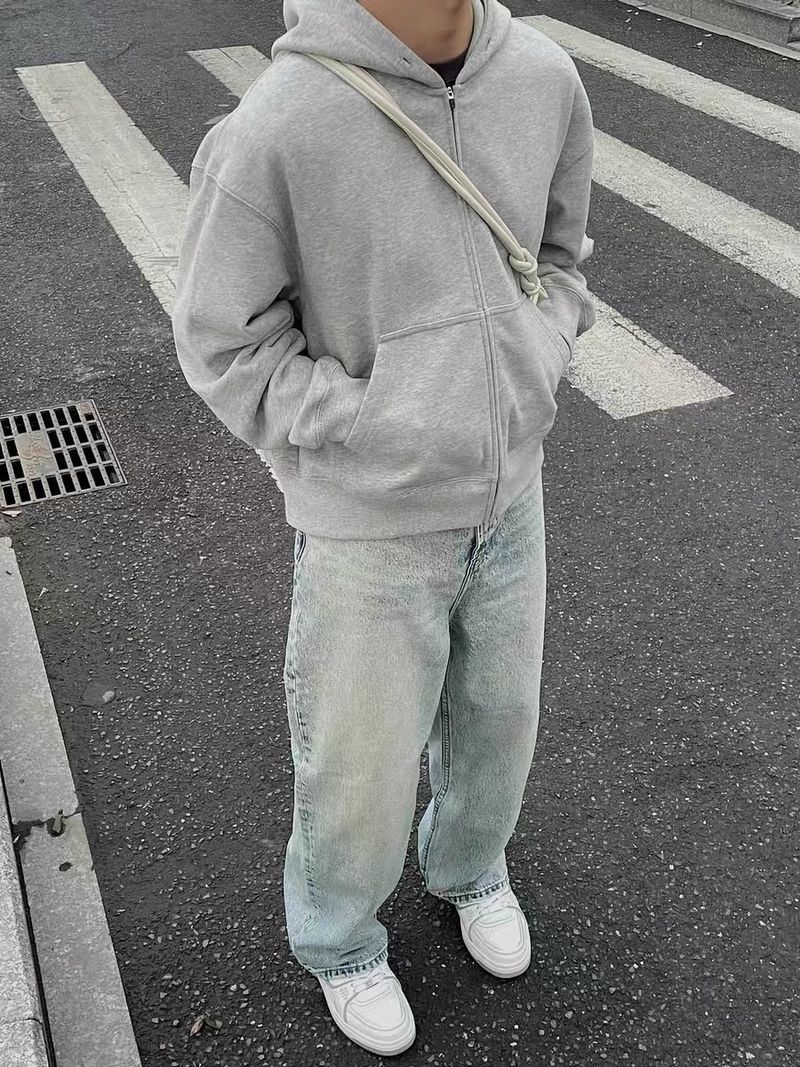 Herrenbekleidung Unisex Casual Kapuzenpullover - Kurzärmlige Reißverschlussjacke mit entspannter Passform in Unifarben (Grau, Schwarz, Beige) für Männer und Frauen_voghion.com