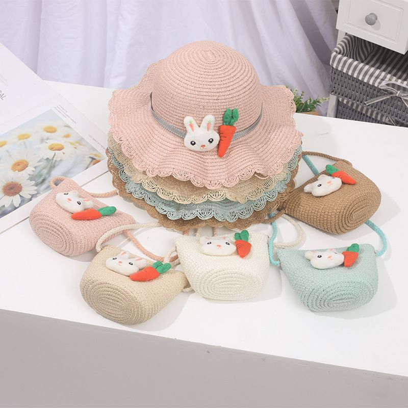 Piccolo set di cappelli da spiaggia con ombrellone in paglia per bambini e bambine, con bordo ondulato fresco_voghion.com