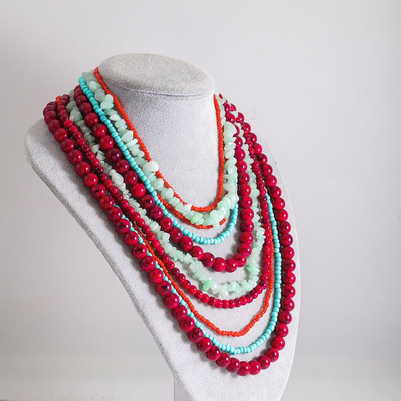 Collar de grava con cuentas de arroz hecho a mano de múltiples capas de moda con personalidad turquesa apilada, joyería para mujer_voghion.com