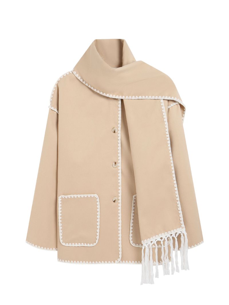 Women’s Fashion Wool-Like Coat – Oversized Tweed Jacket With Scarf & Fringe, Elegant U-Neck, Long Sleeve, Boho Chic_voghion.com