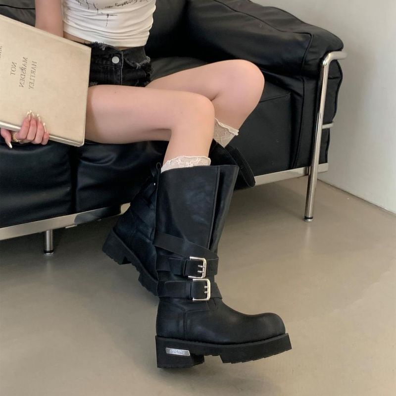 Women Boxing Boots 2025 Autumn Winter New Dark Style Belt Buckle Motorcycle Boxing Thick Sole Mid-Calf Riding Boots For Women_voghion.com