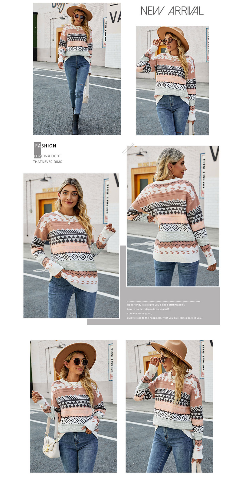 Women's clothing retro pattern diamond jacquard multi-color stitching sweater Halloween pullover sweater for women_voghion.com
