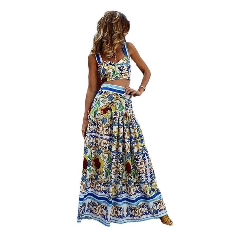 Ensemble deux pièces pour femme, robe imprimée à bretelles et jupe de plage, nouvelle collection printemps/été 2025_voghion.com