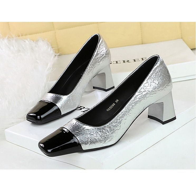 Patchwork Pendlerschuhe mit hohem Absatz, mittlerem Absatz, klobiger quadratischer Zehenpartie und schlichten Schuhen_voghion.com