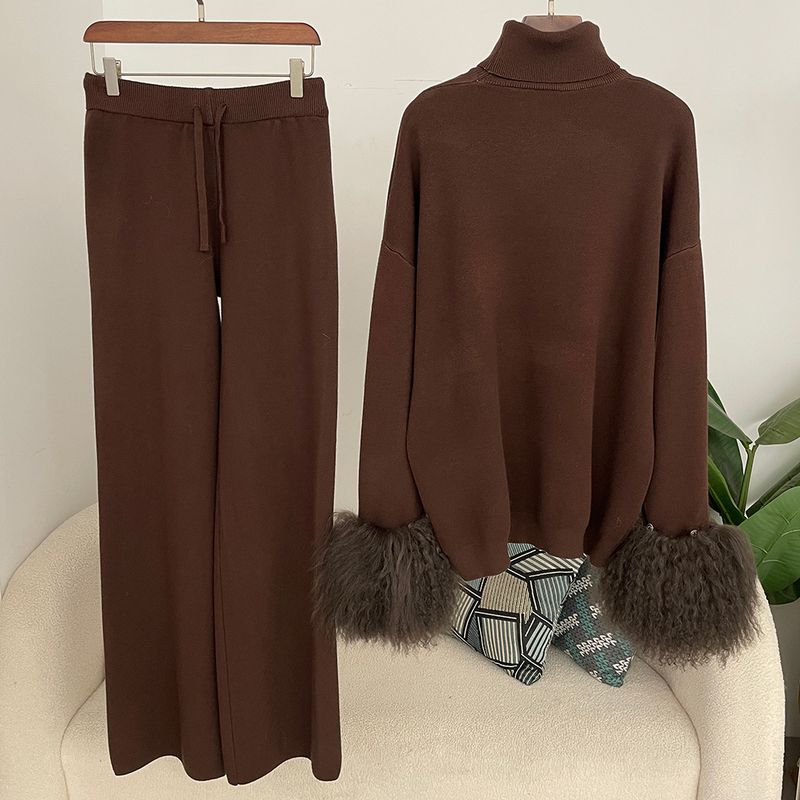 Ensemble en tricot avec poignets en fourrure de renard pour femme – Pull ample à col montant et pantalon large pour l'automne/hiver_voghion.com