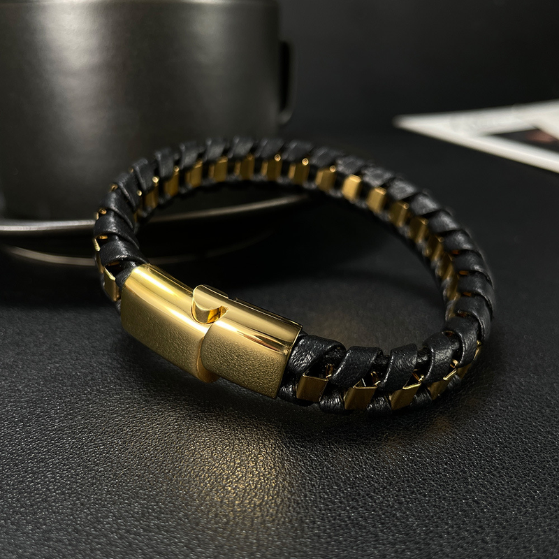 Handmade Woven Leather Bangle Bracelet Men_voghion.com