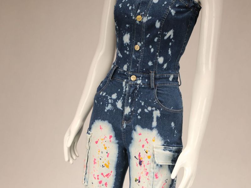 Women's Clothing Tight Waist Elastic Strapless Workwear Denim Jumpsuit _voghion.com