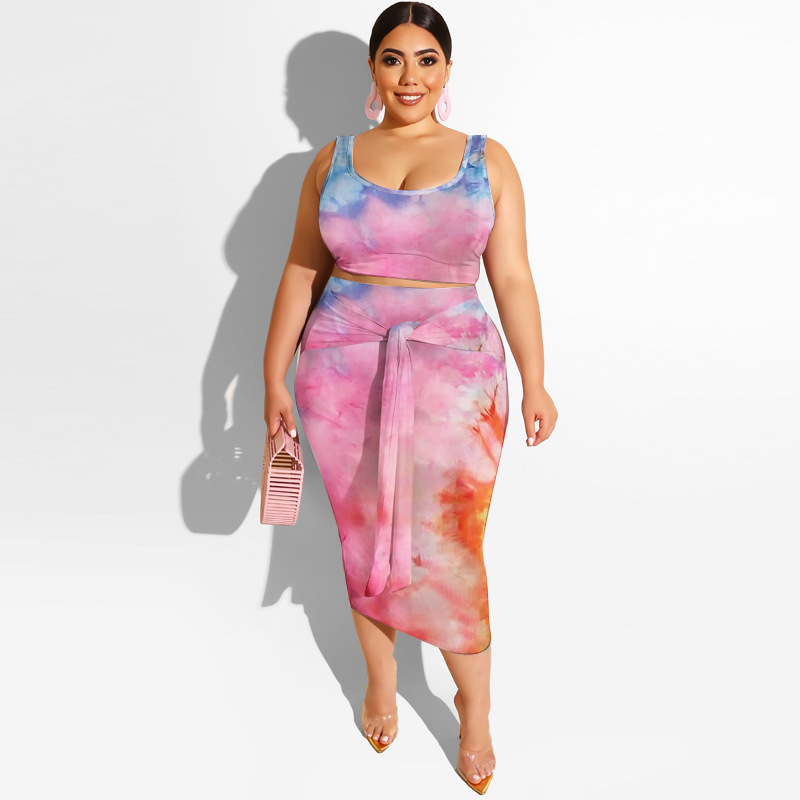 20778 Zomer nieuwe tie-dye print strakke wrap hippe mode casual set dames plus size tweedelige set_voghion.com