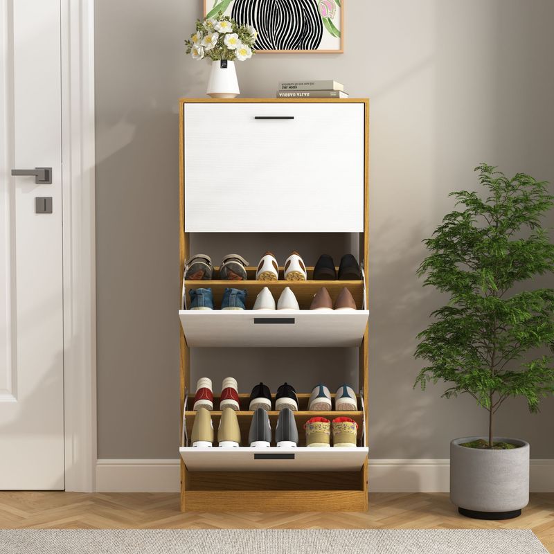 Shoe Storage Cabinet With 3 White Panel Flip Drawers, Freestanding Organizer For Entryway, Narrow Shoe Rack Cabinet_voghion.com
